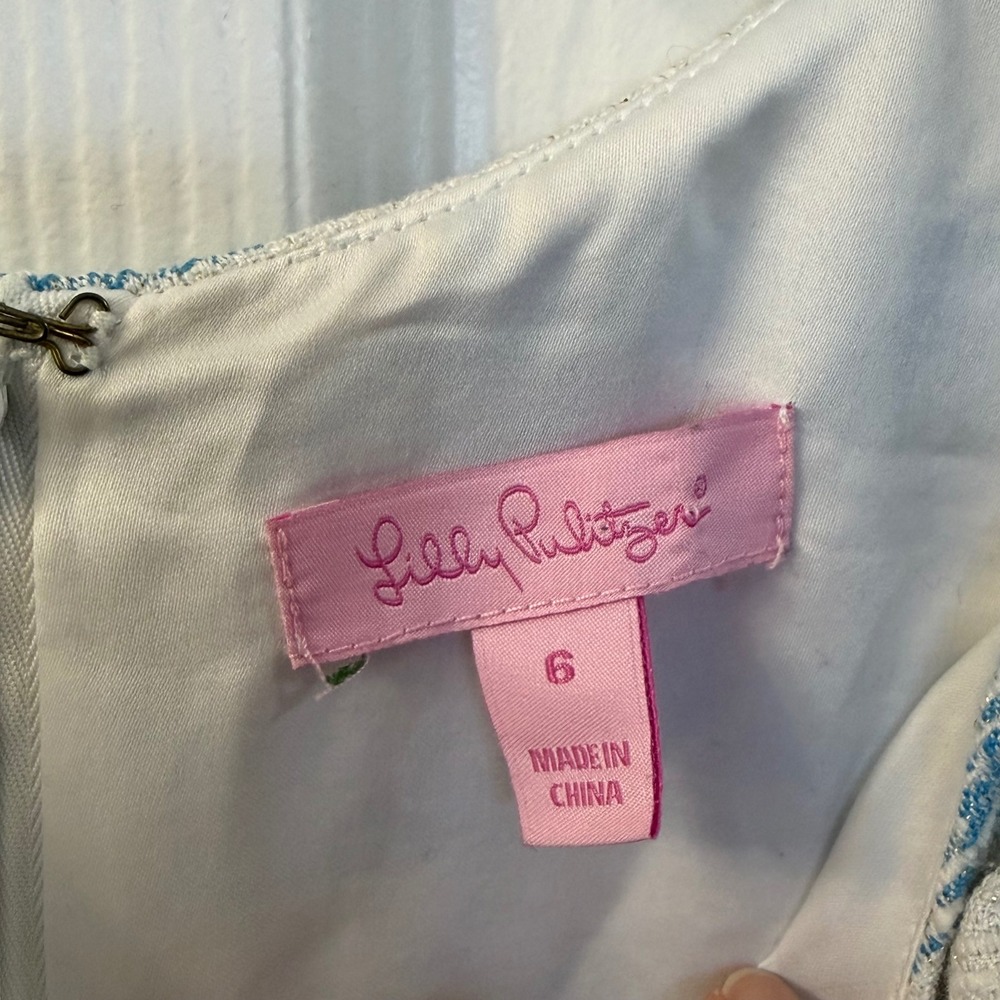 Lilly Pulitzer Blue White Striped Tweed Shift Dress Metallic Floral Lace Size 6 - Picture 3 of 7